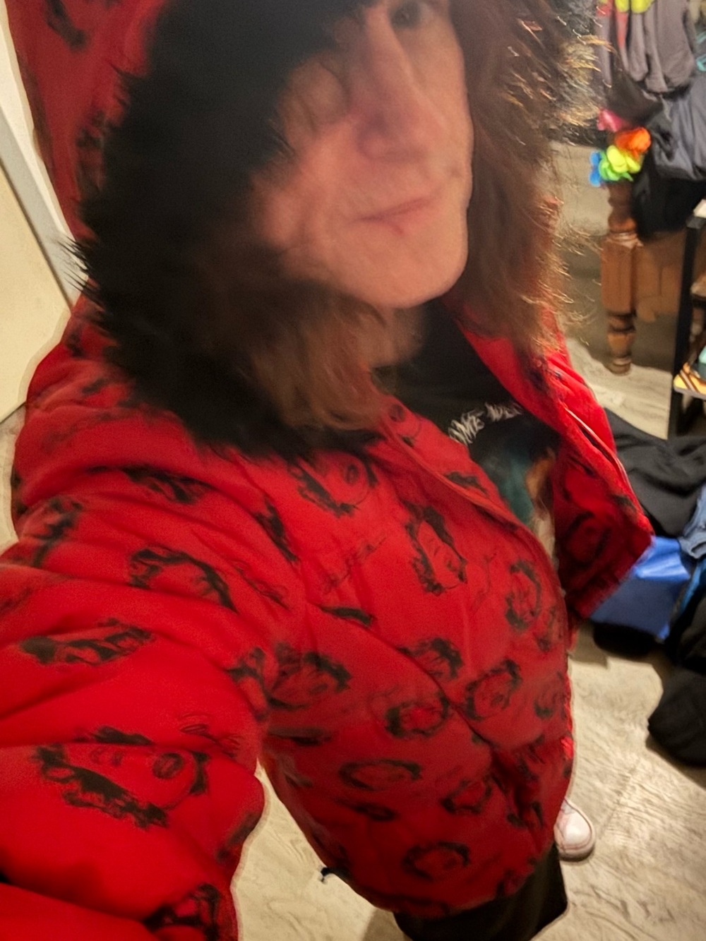 Marilyn Monroe Red Hooded Bomber Jacket with Black Marilyn faces